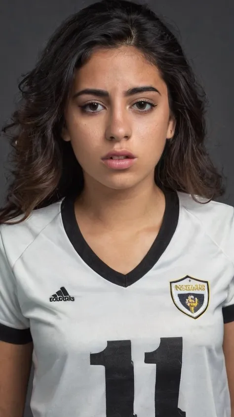 Just the face of a vulgar and marginal young Latina. Wear a football shirt with a neckline