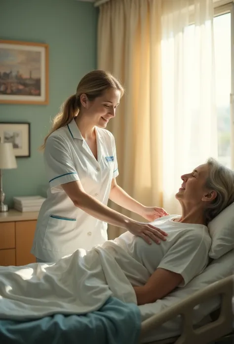 (Nurse), At the patient&#39;s bedside，Listening to the patient lying down. The sunshine outside the window is warm and peaceful,  Friendly and warm atmosphere, whole body, award-winning, Movie scene stills, emotion, Vignette, Dynamic, vivid, (masterpiece, ...