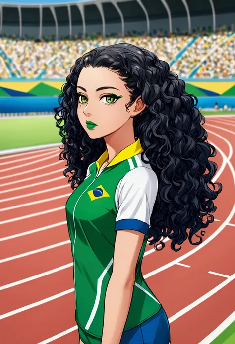 Brazilian girl athlete runner, Brazilian curly hair, green lipstick and eyelashes, athlete uniform, Olympic running track, competition, sunny day.