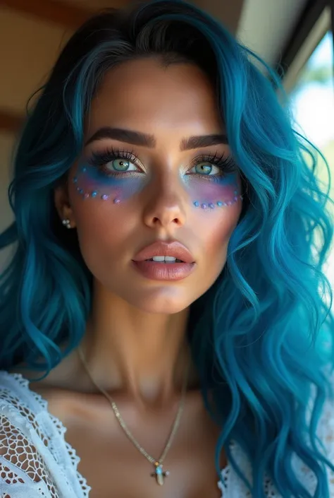 a beautiful Brazilian girl, mothers big sexy ass, detailed face, beautiful detailed blue eyes, beautiful detailed lips, long eyelashes, full lips, long blue curly hair, various poses, delicate skin, doing makeup tutorial intricate details, with dress , hig...