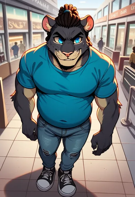 panther furry man,male body,furry,panther furry,dreadlocks,dreadlock hair, short dreadlocks ponytail,yellow and blue tshirt,chubby strong body, smiling, acid wash jeans, sneakers,urban mall background, standing on sidewalk, straight angle camera, dynamic l...