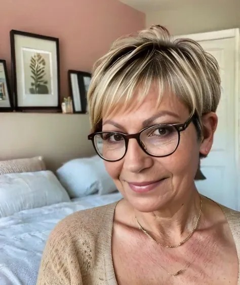 old woman of 7 with glasses, with short pixie hair cut and blonde roots, looking directly at the camera, with a natural makeup , very realistic, portrait picture, in her beautiful bedroom, big breasts, cleavage, subtle smile