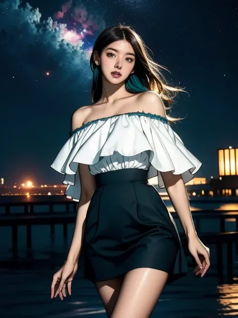 masterpiece, FHD, grassland, a girl, glad, laughing, walking, looking at viewer, aqua hair, brown eyes, tall, slender, knee socks, 20-year-old, japanese, surrounded by stars and a meteor shower, at night, beautiful, realistic photo, a puppy, in the town, a...