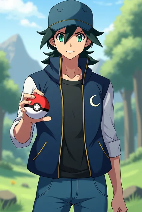 Male, (), pokemon trainer, ((wearing a hat)), blue and black vest, blue jean pants, holding a moon pokeball, ((black hair)), ((emerald green eyes)), ((Pokeball with a crescent moon on it))