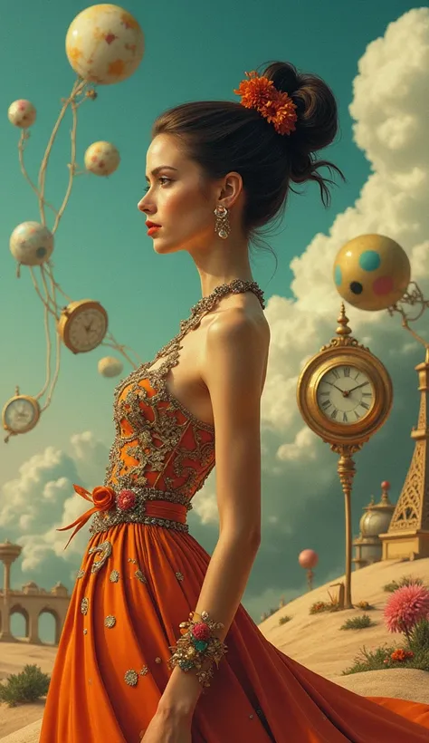 A graceful woman with an elegant updo and natural makeup. She wears a surrealist-inspired dress with whimsical patterns and dreamlike elements, designed by Elsa Schiaparelli. Her accessories include a surrealist brooch, mismatched earrings, and a quirky cl...