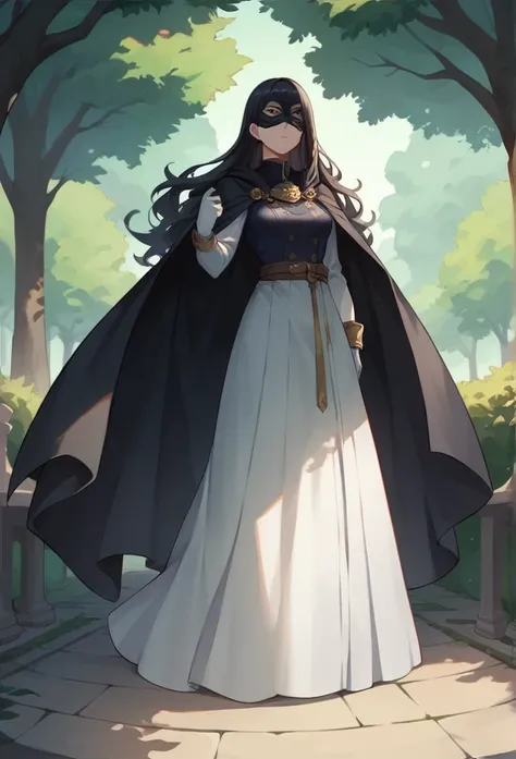 , 1girl, female, medium breasts, solo, black hair, long hair, long sleeves, white gloves, long skirt, cape covered body, black cape, dark blue robe, mask covered face, masterpiece, best quality, park , standing 