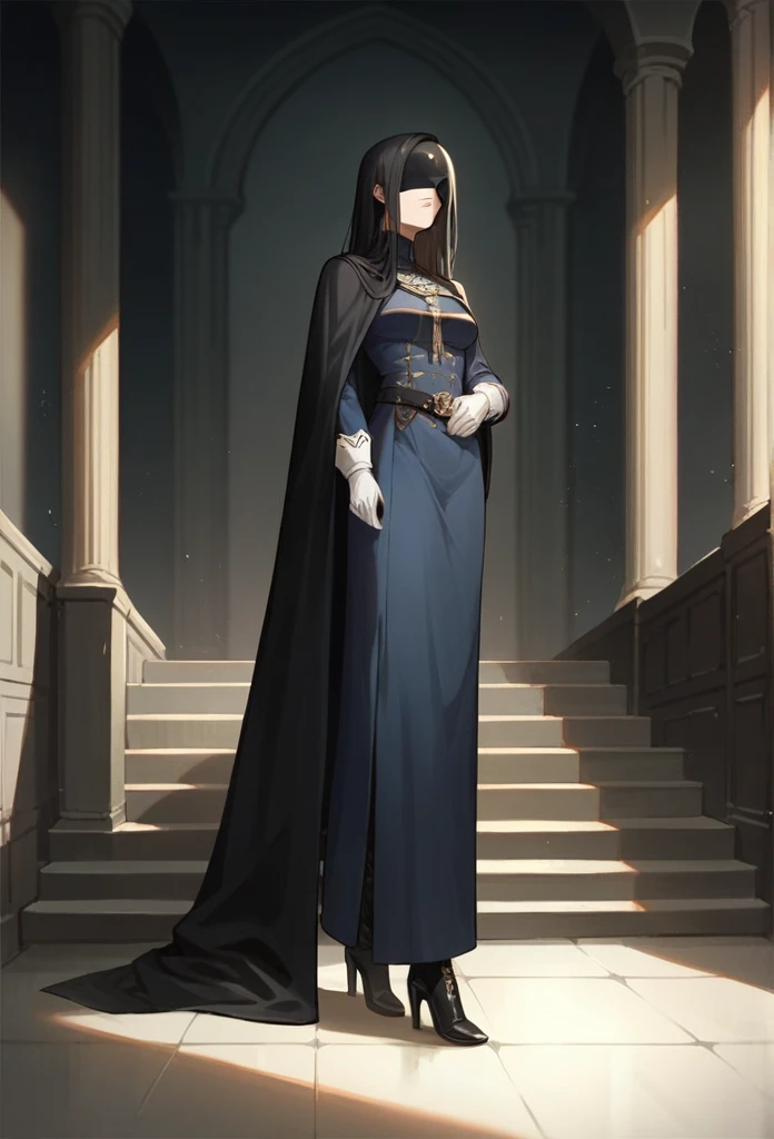 , 1girl, female, medium breasts, solo, black hair, long hair, long sleeves, white gloves, long skirt, cape covered body, black cape, dark blue robe, mask covered face, black heels boots, masterpiece, best quality, room , standing 