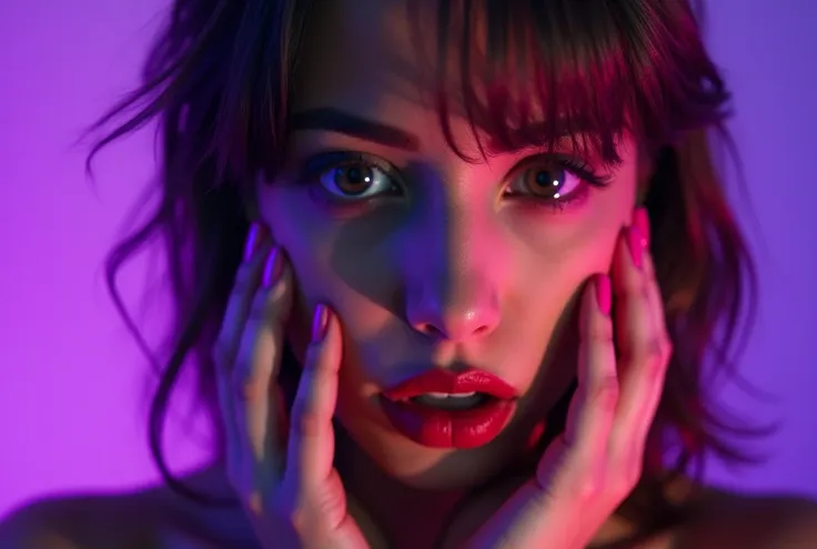 beautiful woman with "crazed yandere expression", purple lighting, woman's hands on her checks, close-up looking at the viewer.