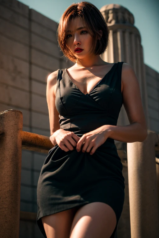 a beautiful mature woman in a black dress, lifting her skirt to urinate while standing, beautiful, large breasts, intricate details, photorealistic, 8k, high quality, cinematic lighting, dramatic pose, natural environment, muted colors