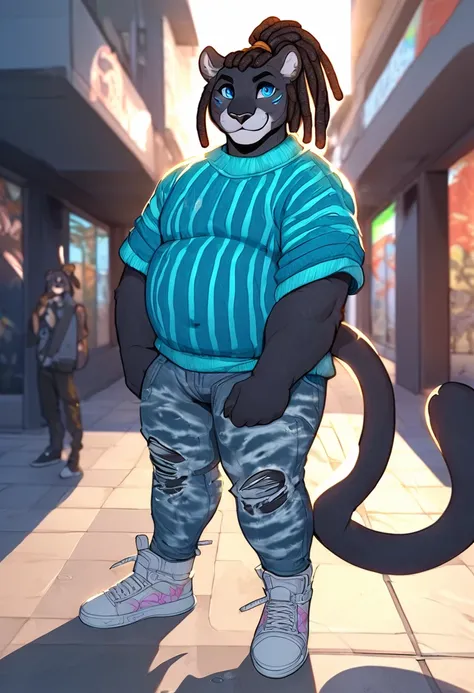 panther furry man,masculine, strong body,male body,furry,panther furry,black and green dreadlocks,dreadlock hair, short dreadlocks ponytail,cyberpunk blue striped sweater,chubby strong body, smiling, acid wash jeans,streetwear cyber outfit, sneakers,urban ...