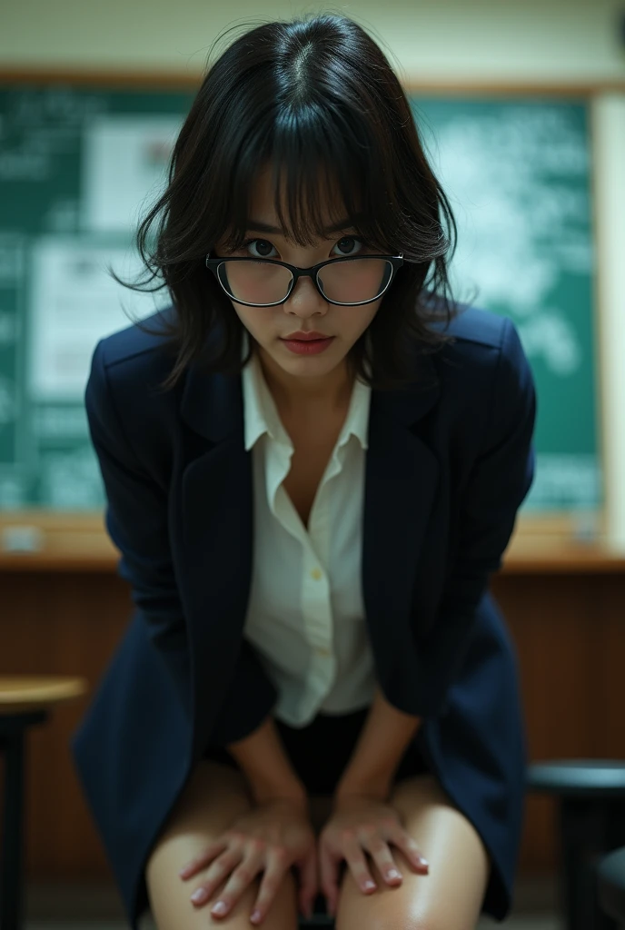 Shooting from a low angle:2.0、Beautiful Japanese female teacher with sensual expression and pose、Peeing、Frowning、Eyes Wide Open、Leaning forward with hands on crotch、Glasses、Navy blazer、White blouse、panties、Wet lower body、Sensual Lighting、Studio Lighting、In...