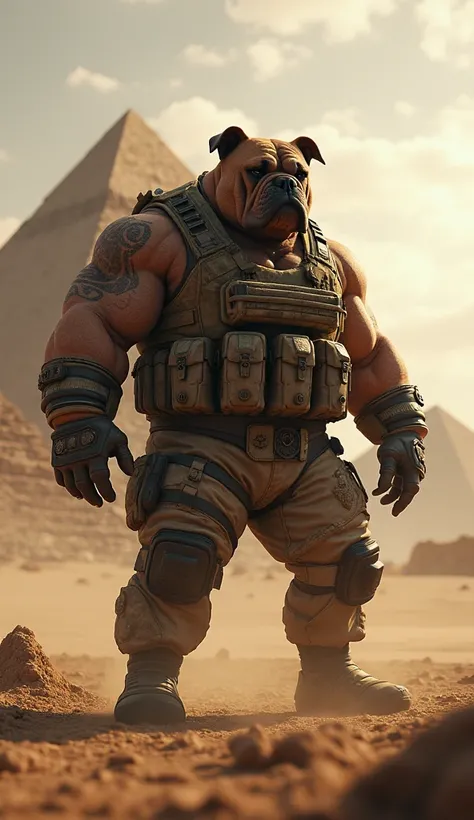 A bulldog with the body of a muscular human in military clothing and the Egyptian pyramids in the background 