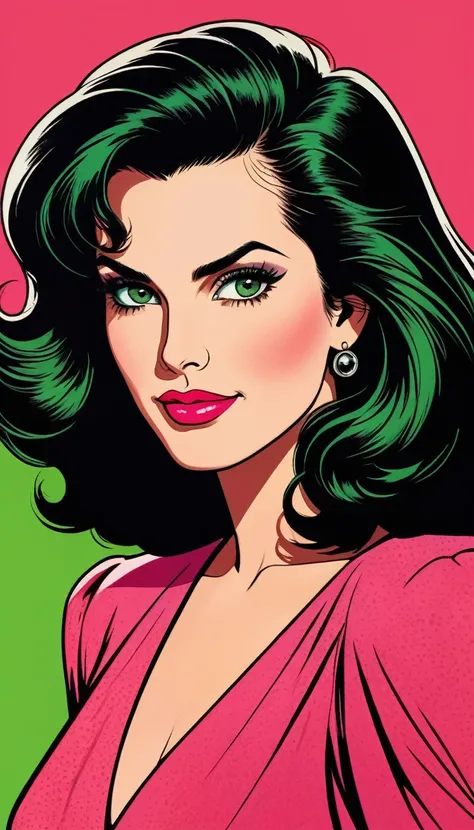 80s pop art, american propaganda comics style, Simple colors, close-up of a woman, lady killer 80s medium hair, black hair, green eyes, heavy make-up, red lipstick, provocative, angry smile show at the viwer a holding a brum , wearing modest dress, pink dr...