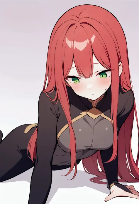 Redhead girl with long hair down to her feet, with a hero costume with Japanese features, green eyes, with a tight-fitting, long-sleeved hero suit, redhead and straight hair