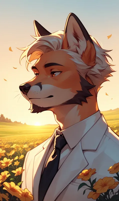 A fox, ADULT FACE, with short beard, white suit, Pompadour hairstyle, field of flowers, sunset clouds, bottom, Evening, low lighting.