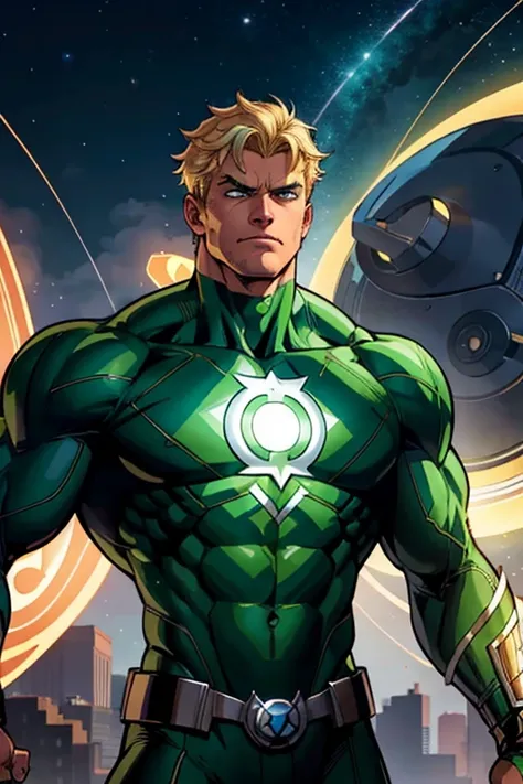 cinematic, 1guy, blonde hair, green lantern, superhero, muscular body, detailed face, piercing eyes, chiseled jawline, confident expression, dynamic pose, cosmic background, glowing green energy, cinematic lighting, digital art, cinematic rendering, vibran...