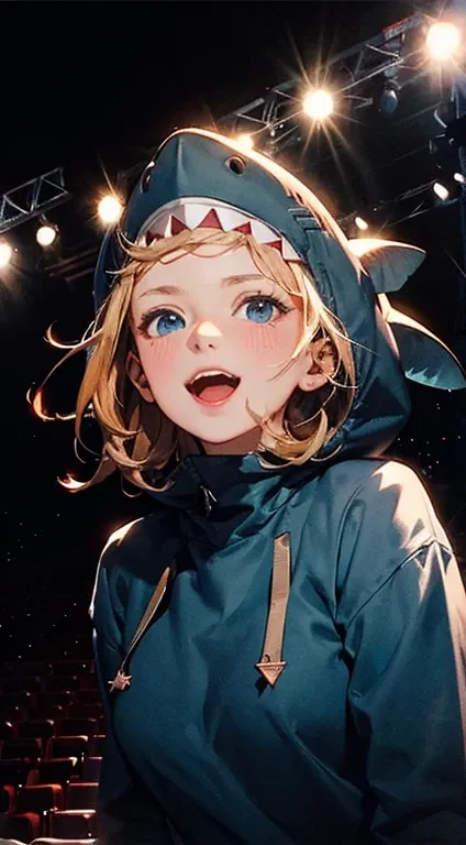 singing,shark_hood,beautiful_hair,shark_tooth,shark_tail,light_blue_eyes,1_beautiful_girl,cute_face,beautiful_face,best_quality,good_anatomy,beautiful,show on the stage,light up on the stage,Excited 100 audiences,dark room