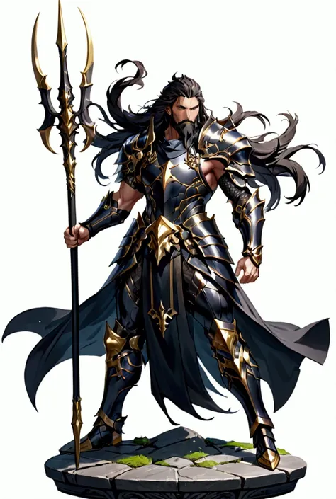 1male, middle age, wrinkles, black full plate armor, gold accents, black mid lenght hair, hair like a mane,very long messy beard, serious, dynamic pose, ultra detailed, black cape, fair skin, tall, full body, from top, carrying spear