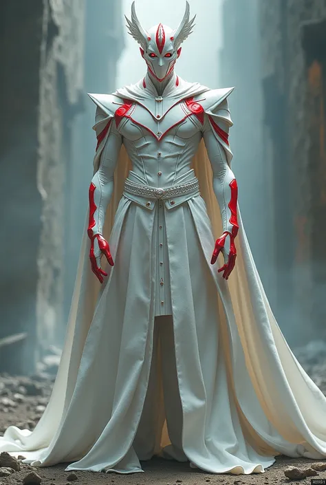 Man of 1,90m with white clothes with red details, with a white mask with red details, with 4 arms white hair and red eyes