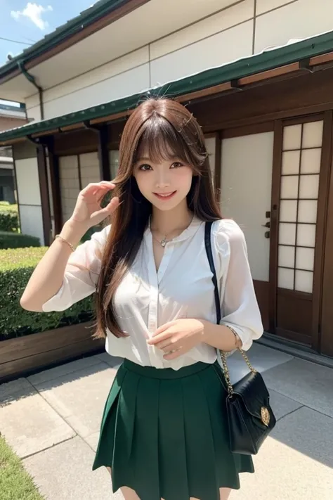 High resolution, Long Hair, chest, bangs, Brown Hair, smile, cute、
165cm、２４age、Japanese、
Emerald clothing、Black Skirt、Handbags、