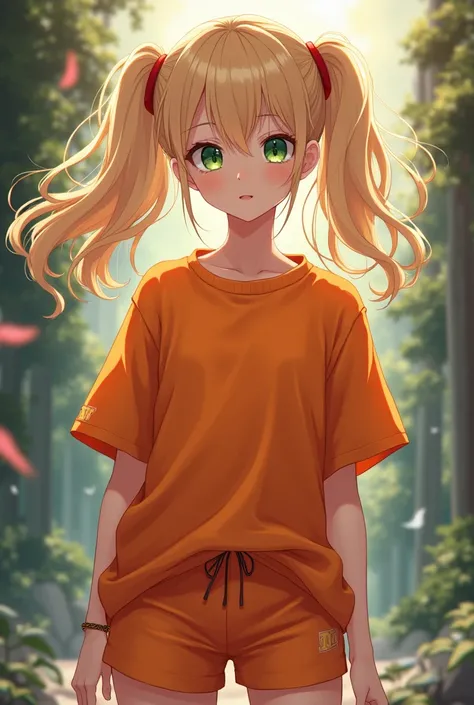 A beautiful anime girl, blonde hair in pigtails, green eyes, wearing an oversized orange T-shirt and orange sport shorts, detailed facial features, detailed clothing, intricate background, (best quality,4k,8k,highres,masterpiece:1.2),ultra-detailed,(realis...