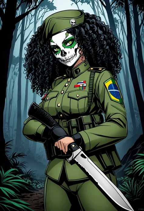 Brazilian woman soldier, Brazilian curly hair, green eyes, skull face paint, Brazilian military uniform, brazil, strong woman, knife in hand, night operation in the forest.