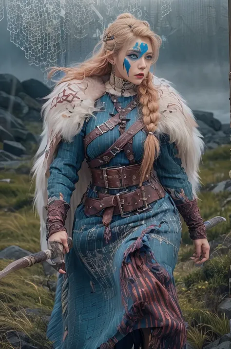 Cinematographer, Large photo of a beautiful Viking woman dressed in furs and wielding an axe walking through the tundra, [blonde hair | ginger hair], use skins, battle axe, holding an axe, Norse, huge ass, big tits, neckline, narrow waist Width, fierce exp...