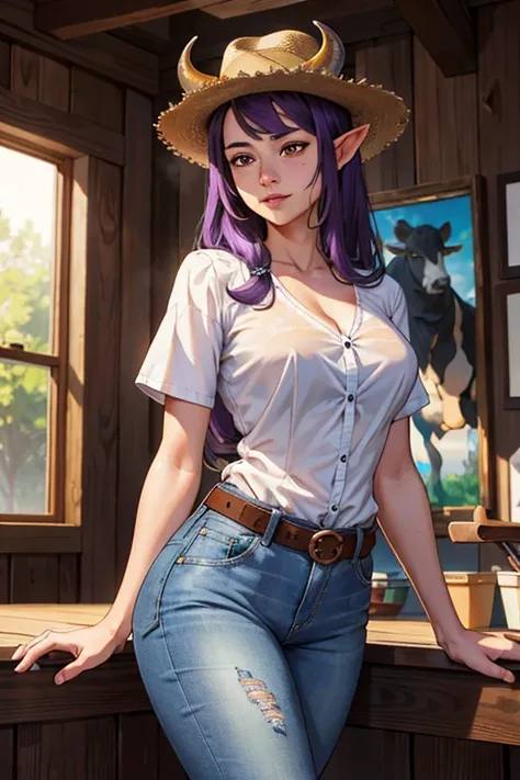 1girl,long flowing silky purple hair,small horns,bovine ears,cowgirl hat,brown eyes,thin lips,round face,white short-sleeve shirt,tight jeans with belt,large bust,wide hips,thick thighs,barn setting,cows,best quality,4k,8k,highres,masterpiece:1.2,ultra-det...