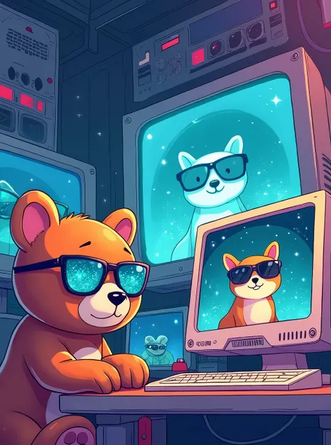 A space station full of computers A teddy bear wearing sparkling turquoise glasses and a cute smiling corgi dog wearing sunglasses A masterpiece, Winner of numerous awards, Best Quality, Illustration effect for posters and magazines, Sparkle Effect, fluore...