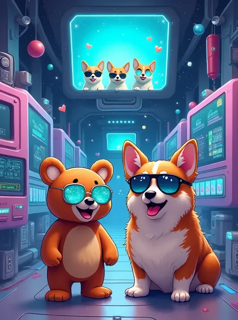 A space station full of computers A teddy bear wearing sparkling turquoise glasses and a cute smiling corgi dog wearing sunglasses A masterpiece, Winner of numerous awards, Best Quality, Illustration effect for posters and magazines, Sparkle Effect, fluore...