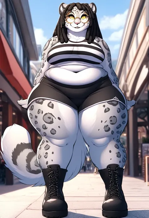 snow leopard furry femboy,femboy,furry,snow leopard,back length dreadlocks,dreadlock bangs hair,extra long dreadlocks,black and white striped crop top,chubby body,fat, thick femboy, smiling, athletic shorts, goth boots, circle glasses,outdoor mall backgrou...