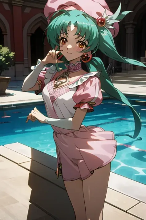 {best quality:1.5}, {very aesthetic:1.2},pool,standing,contrapposto,an faniel, anime screencap, 1 girl, solo, green hair, pink d...