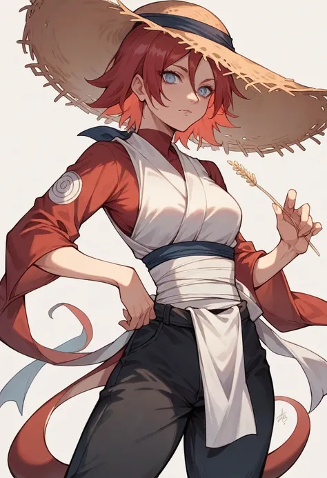 Woman, red hair, blue eyes, round oriental style straw hat, red long-sleeved blouse, black pants with a dragon design, white cloth wrapped diagonally around the cup, curved body Ninja, sexy ninja, Naruto style 