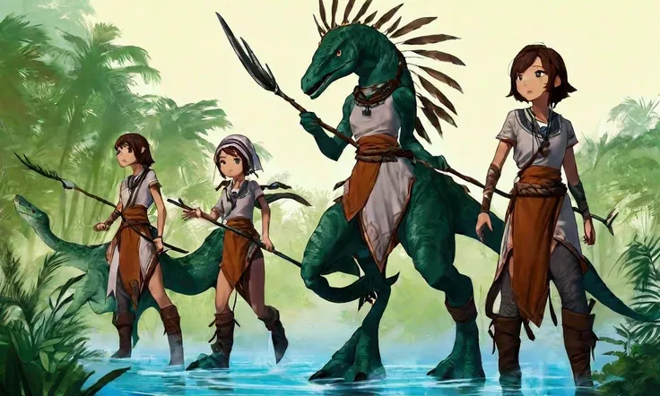 Long necked dinosaurs eat plants out of swampy water, cute yuna leads a primitive tribe of hunter lesbians (spears, dinosaur hide tunics, hide boots), dawn primal swamp
