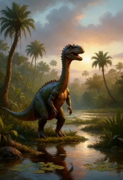 a long-necked dinosaur eating plants in a swampy water, a cute female leader of a primitive hunter lesbian tribe, primitive tribal attire (spears, dinosaur hide tunics, hide boots), primal swamp landscape, dawn lighting,(best quality,8k,highres,masterpiece...