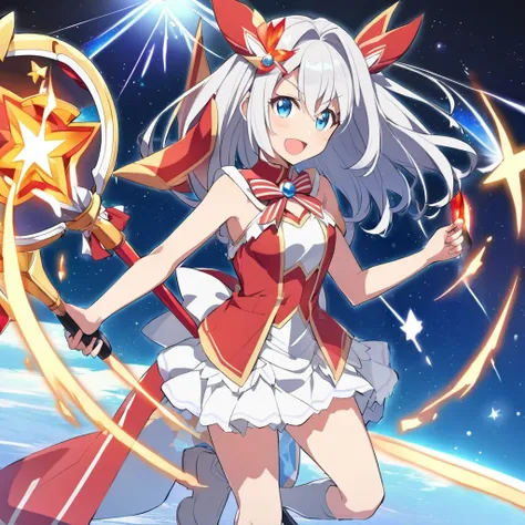 as cure nova, her outfit features a blend of silver and red, decorated with starry sky design and shooting star elements. she、eq...