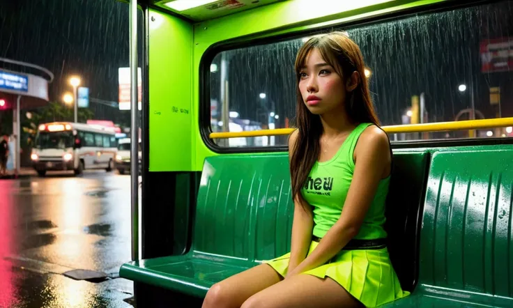 cute yuna (age 25, long hair green, tank top lime green, shiny mini skirt lime, neon green makeup, nervous) not very happy to be photographed, she is sitting alone in a lit covered bus stop on a dreary rainy night, Bangkok, reflections
