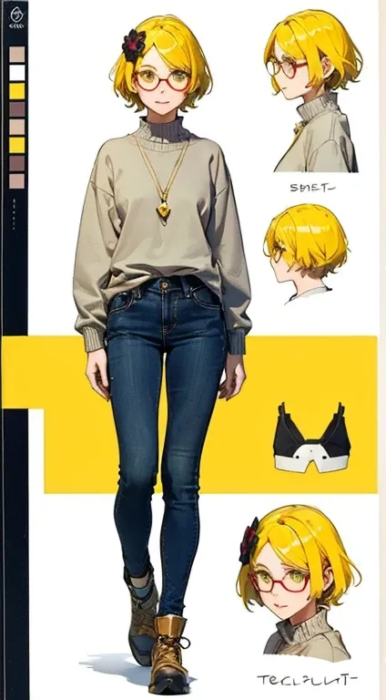 1girl, solo, yellow hair, short hair, cute, green eyes, bright pupils, long shirt, ((lemon hair ornament)), glasses, sweater, (CHARACTERSHEET:1) (MULTIPLE VIEWS FULL BODY UPPER BODY REFERENCE SHEET:1)