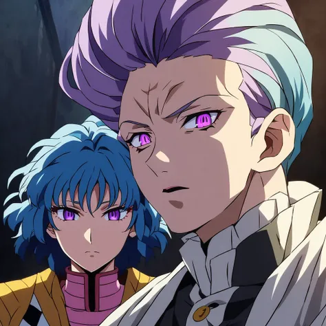 anime character with blue hair and purple eyes in a dark room, pretty face no art style Demon Slayer, He has a penetrating gaze, retrato de hisoka hunter hunter, he has dark gray hair, still from today&#39;s featured anime, insane asylum anime style, a por...