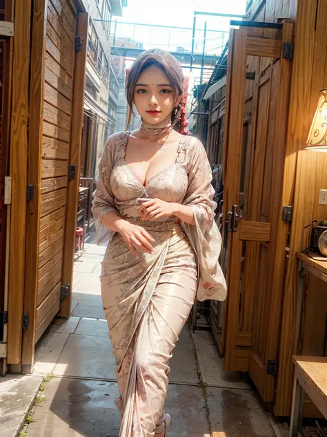 walking in a moonlit courtyard, exotic girl, indian, looking at the viewer, shining skin, perfect lighting, the embodiment of grace and elegance, (saree and bra), (Huge Big Tits:0.5), cleavage, clear curvy details, beautiful curves, detailed eyes, detailed...