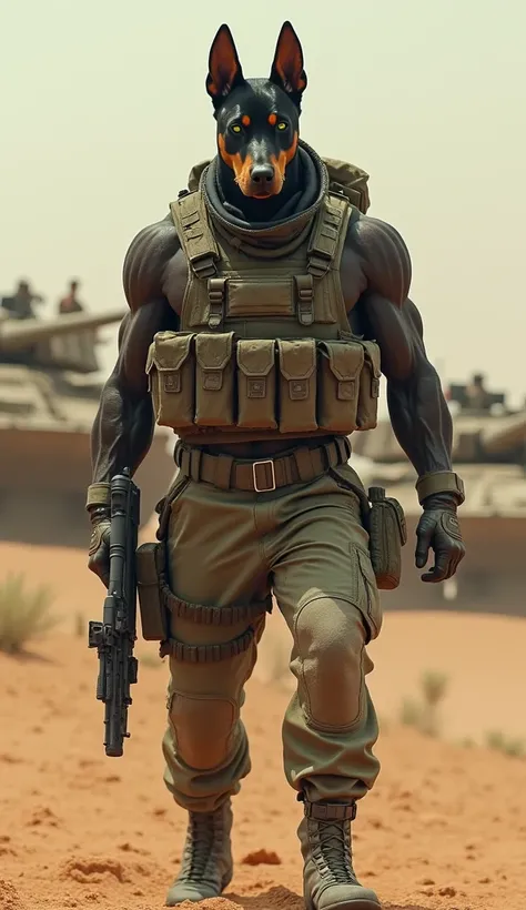 A Doberman with a muscular human body with green eyes in military clothing with war weapons in the background a desert with war tanks and any image in 4k 