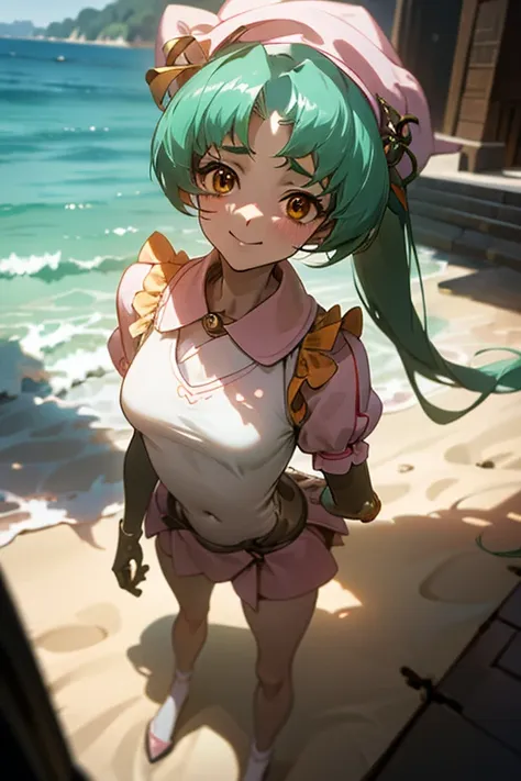 {best quality:1.5}, {very aesthetic:1.5},(beautiful :1.3),moody lighting,beach,standing,contrapposto,lan faniel, anime screencap, 1 girl, solo, Green hair, pink dress, hat, ball hair accessories, Long hair, twintail, hair ornament, Dress, indoors, orange E...