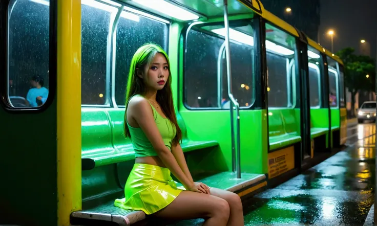 cute yuna (age 25, long hair green, tank top lime green, shiny mini skirt lime, neon green makeup, nervous) not very happy to be photographed, she is sitting alone in a lit covered bus stop on a dreary rainy night, Bangkok, reflections
