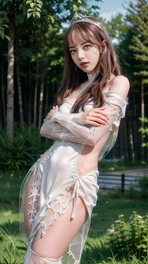 Best Quality, masterpiece, Ultra-high resolution, Original photo, 1 girl, ((Mesh Sardine)), Cinematic Lighting, Very long hair, detailed eyes, Small breasts, wind, necklace, Earrings, ((victor mesh costume)), ((Thin, body-hugging mesh costume:1.4)), ((Whit...