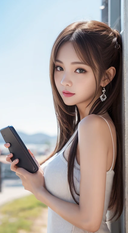 anime、A woman seen holding a smartphone 。 16k、High quality resolution、Best Quality、Very detailed、Beautiful woman、Cute Face、Perfect Anatomy、（Very detailed）、realism、