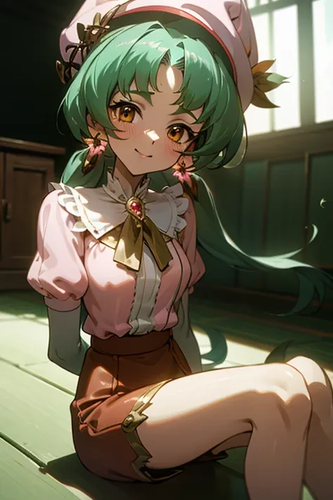 {best quality:1.5}, {very aesthetic:1.5},(beautiful :1.3),moody lighting,looking at viewer,arms behind back,lan faniel, anime screencap, 1 girl, solo, Green hair, pink dress, hat, ball hair accessories, Long hair, twintail, hair ornament, Dress, indoors, o...