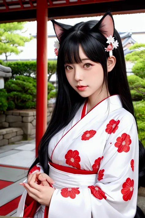 Catgirl, black hair, white cat ears, Japanese red kimono