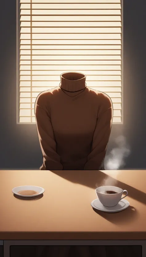 "An illustration of a person sitting at a café table with a steaming cup of coffee. The person is wearing a fitted turtleneck sweater, and they have an exaggerated, very large chest. The head is missing, creating an unusual and surreal appearance. The back...