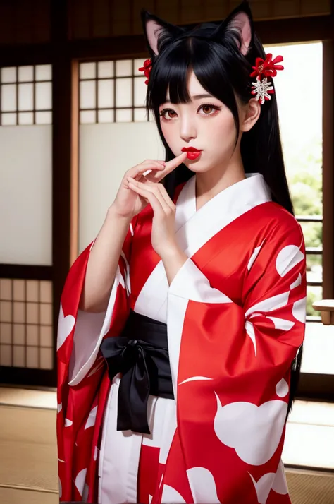 Catgirl, black hair, white cat ears, Japanese red kimono, blowing a kiss