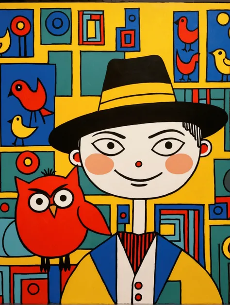 in the style of Thierry Noir（artist），
a painting with a funny looking cat with a hat holding a red bird , in the style of de stijl, playful cartoons, monumental figures, vivid birdlife, maquette, fine lines, childlike innocence 